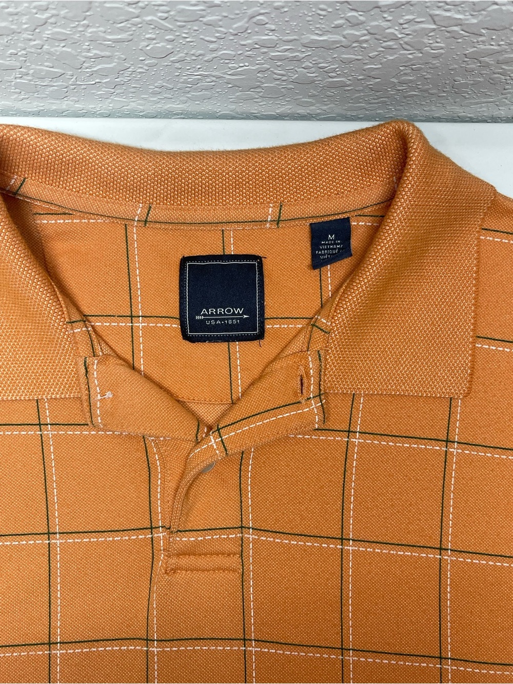 Arrow Mens Medium Polo Shirt Orange Grid Windowpane Plaid Short Sleeve Casual - Picture 8 of 8